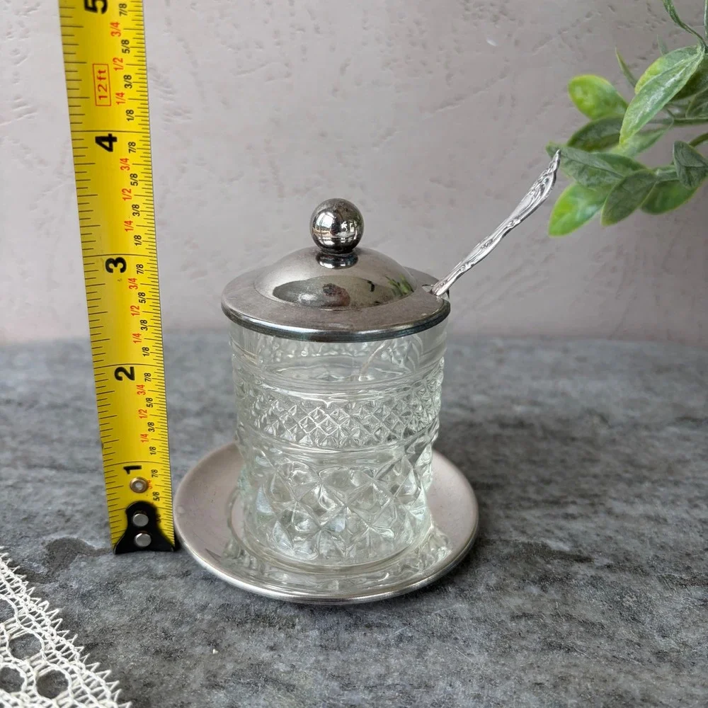 Vintage Diamond Cut Glass Jam Pot Set with Silver Tone Lid Spoon and Plate